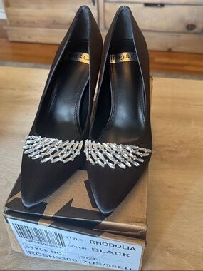 Rag & Co Black Pointed Toe Heels with Crystal Wing Accent